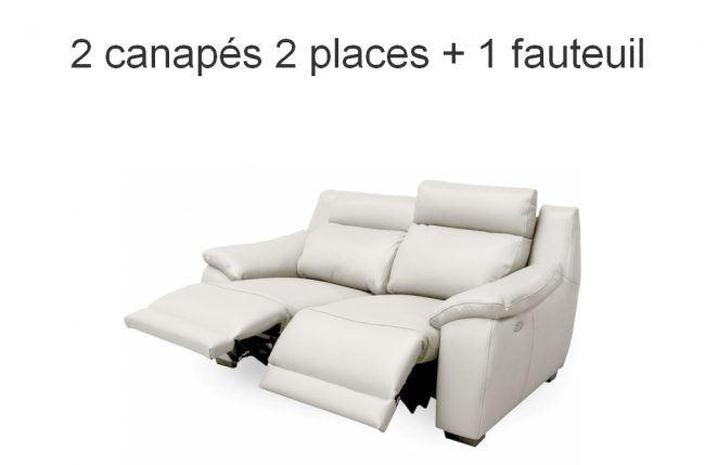 ensemble composé de 2 canapé 2 places et d'un fauteuil, au total 5 relax électriques, en 100% tout cuir épais luxe italien grainé, ivoire. bern